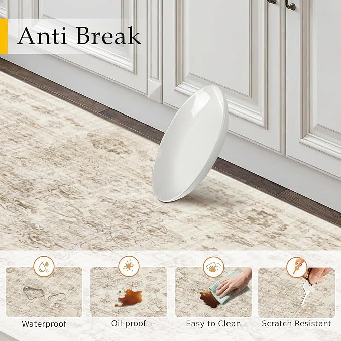 Anti Fatigue Kitchen Mats 2PCS Beige Neutral Mats for Cushioned Vintage Kitchen Matss for Floor Non-Slip Waterproof Comfort Standing Rug for Sink Laundry Office 17.3"×59"+17.3"×30"
