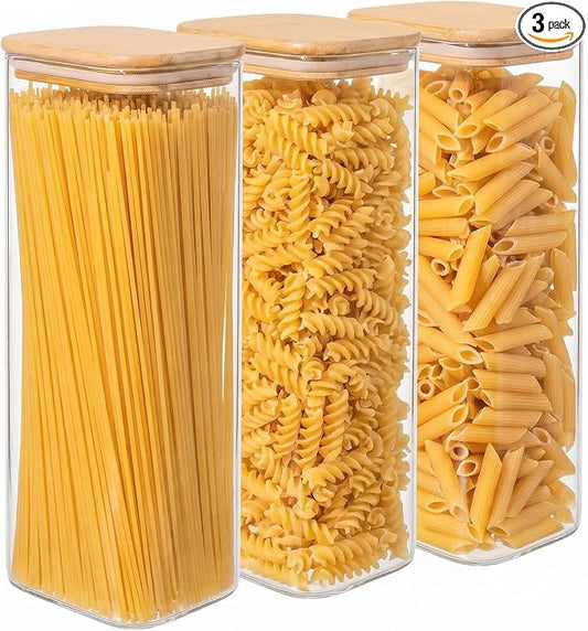 3-Pack 2.2Qt Rectangle Glass Spaghetti Jars with Bamboo Lids | Minimalist Kitchen Organizer,Scandinavian Style Storage,Nordic Style Storage,Food Storage Canister for Pasta, Penne, Macaroni