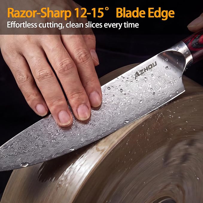 Azhou 8 Inch Damascus Chef Knife, 10Cr15CoMoV High Carbon Stainless Steel Core, Professional Kitchen Knife with Ergonomic Wood Handle, Gift Box for Men Women