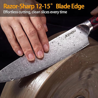 Azhou 8 Inch Damascus Chef Knife, 10Cr15CoMoV High Carbon Stainless Steel Core, Professional Kitchen Knife with Ergonomic Wood Handle, Gift Box for Men Women