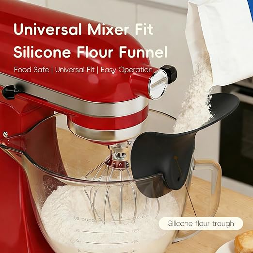 Flour Funnel for Kitchen Aid Mixer | Food-Grade Silicone Pouring Shield for KitchenAid Mixer | Hands-Free Clip-On Accessory for Baking, Fits All Standmixers, Space-Saving Design（Black）