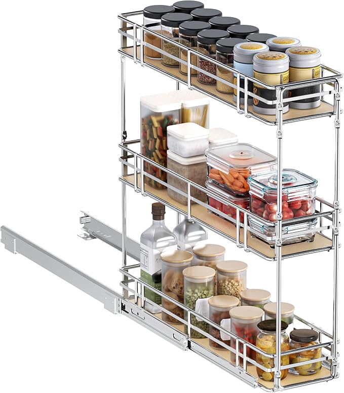 7" W x 20.5" D 3-Tier Pull Out Spice Rack Organizer, Solid Wood Base Slide Out Cabinet Shelf for Narrow Kitchen Cabinets, Chrome Pantry Storage