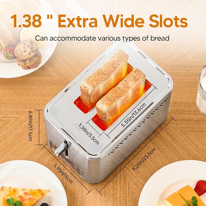 Touch Screen Electric Toaster 2 Slice, Stainless Steel Smart Toaster with Digital Timer, 1.38" Extra-Wide Slots for Bread& Bagel, Great for Home, Office,Dorm