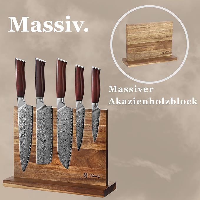 Wakoli Rose Elegance 5-Piece Damascus Knife Block Set, VG10 Core 67-Layer Damascus Steel Kitchen Knives with Magnetic Acacia Wood Block, Ergonomic Rosewood Handles, Gift Box, Hand Wash Only