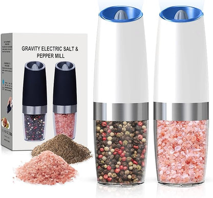 Battery Operated Salt And Pepper Grinder Set with LED Light, Automatic Electric Gravity Salt And Pepper Shakers Set, Each 6 AAA Batteries Needed, Adjustable Roughness, 2 Pack (White)