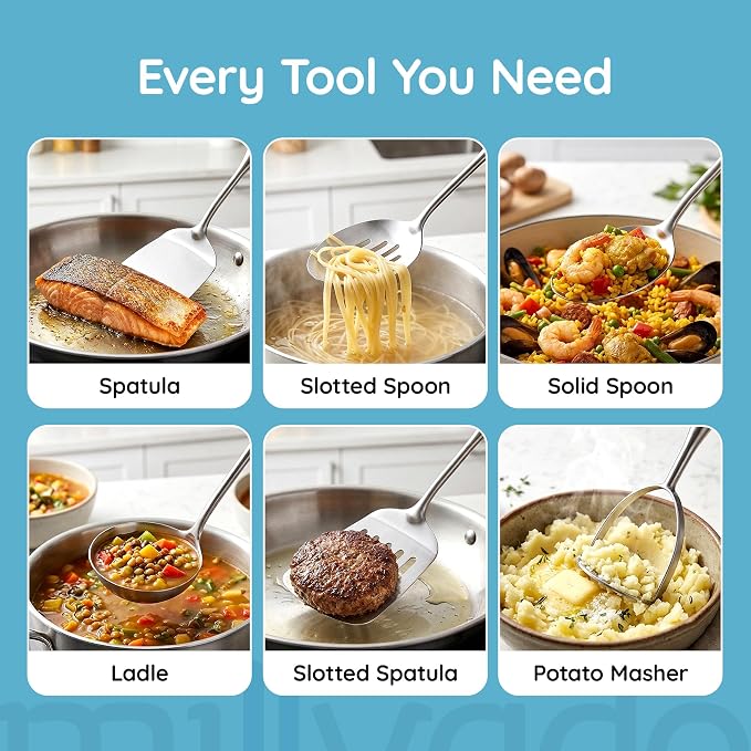 Millvado Stainless Steel Big Cooking Spoon, Kitchen Utensils and Gadgets, 15 Inch Large Spoon For for Cooking, Basting, Serving, Dishwasher Safe Metal Utensil, Durable, Solid Construction