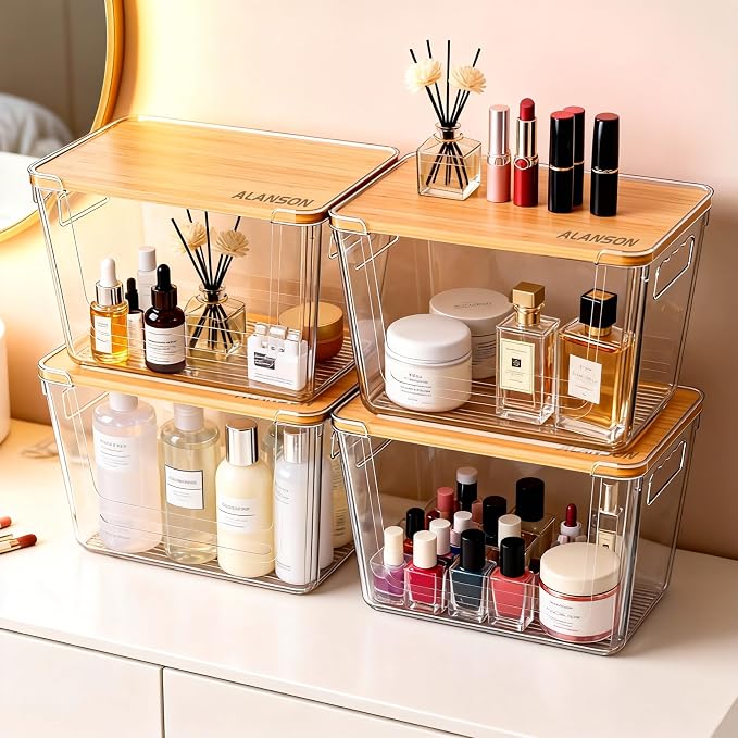 4 Pack Clear Storage Bins with Bamboo Lid, Garbage Bag Dispenser, Pantry Organizers and Storage for Onion Potato, Under Sink Organizer for Kitchen Laundry Room