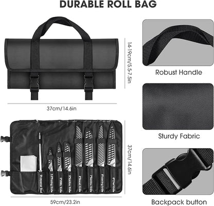 MOSFiATA Kitchen Knife Set, 12 Pcs Japanese Stainless Steel Knife Sets for Kitchen with Oxford cloth storage bag with Knife Sharpening Rod, Dishwasher Safe, For Outdoor