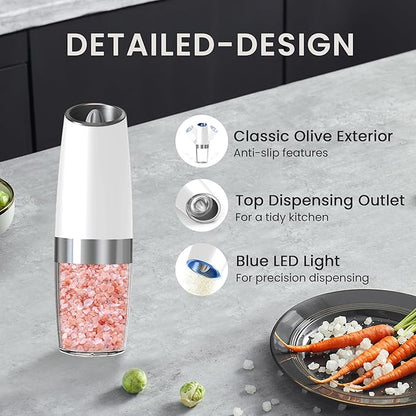 Battery Operated Salt And Pepper Grinder Set with LED Light, Automatic Electric Gravity Salt And Pepper Shakers Set, Each 6 AAA Batteries Needed, Adjustable Roughness, 2 Pack (White)