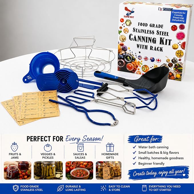 Supa Ant Blue Canning Supplies Starter Kit-10 pc Canner Accessories with Canning Rack for Jars, XL Ladle, Wide Mouth Jar Funnel, Jar Lifter & Wrench, Bubble Popper/Measurer, Lid Lifter, Kitchen Tongs