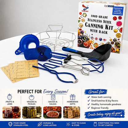 Supa Ant Blue Canning Supplies Starter Kit-10 pc Canner Accessories with Canning Rack for Jars, XL Ladle, Wide Mouth Jar Funnel, Jar Lifter & Wrench, Bubble Popper/Measurer, Lid Lifter, Kitchen Tongs
