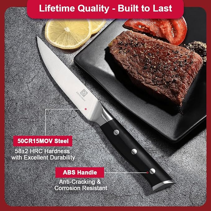 Steak Knives,4.5 Inch Steak Knife Set of 4,Micro-Cutting Point Serrated Edge,Razor Sharp Kitchen Knife,50CR15MOV Stainless Steel,Dishwasher Safe,Ergonomic Handle And Full Tang Design With Gift Box