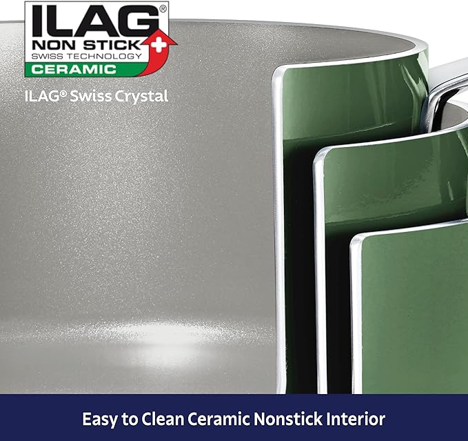 Tramontina Ceramic Non Stick 11-Piece Nesting Pots and Pans Set with Lids - Stackable Nonstick Cookware Set, Dishwasher and Oven Safe, Green