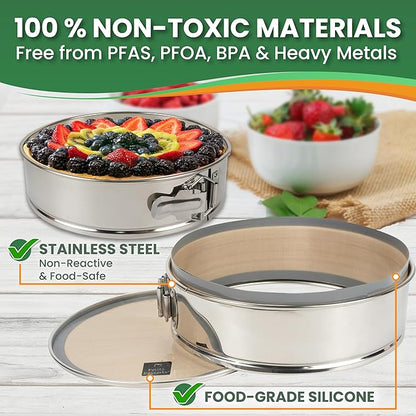 STAINLESS STEEL Springform Pan 9 Inch, with 2 REUSABLE NON-STICK Liners - No Parchment Paper Needed, Dishwasher Safe NON-TOXIC Springform Pan for Cheesecake; Quiches, Tarts, Frozen Desserts, etc.