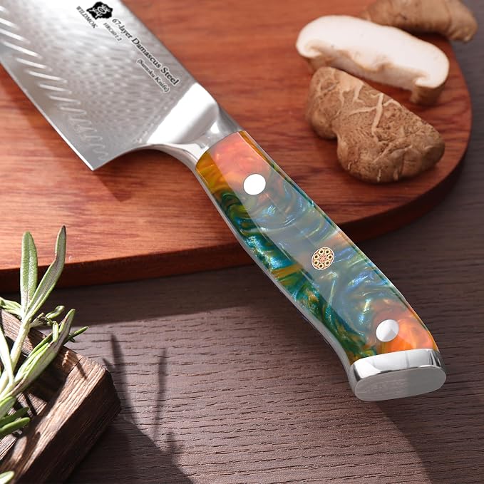 WILDMOK Santoku Knife 7 Inch kitchen knife, Ultra Sharp with Japanese Damascus Forged Santoku Knife, Ergonomic Resin Handle, cooking gifts with gift box