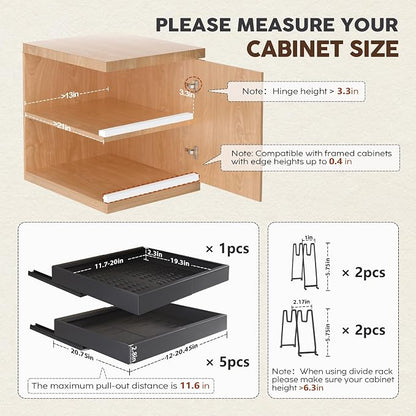 Seinloes 6 Pack Pull Out Cabinet Organizers 21" Deep With Raising Pad for Framed Cabinets, Expandable Slide Out Drawers with 4pcs Divider Racks, Roll Out Shelves, Adjustable Width 12"-20.45" Black