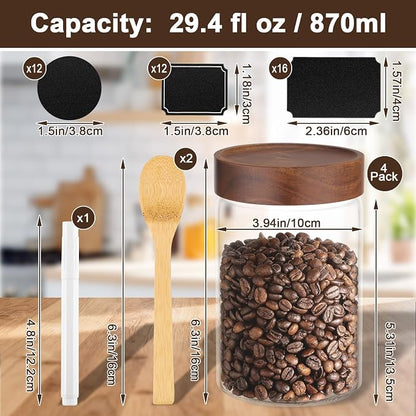 Glass Jar with Wood Lid, 4 Pack 29oz Glass Jars with Airtight Screw Lids, Wide Mouth Coffee and Sugar Containers, Clear Food Storage Canister for Flour, Tea, Oatmeal, Seasoning, Cookie, Candy