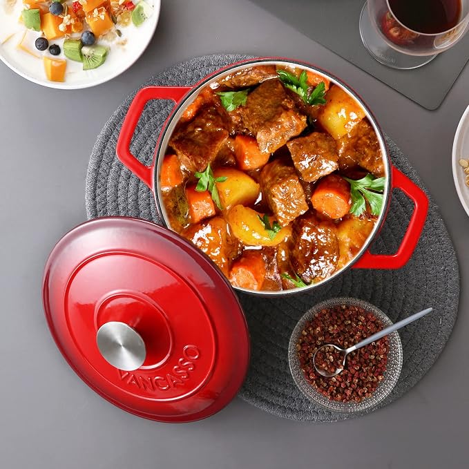 vancasso Enameled Cast Iron Dutch Oven, 3.5 QT Small Dutch Oven with Lid and Dual Handles, Round Enamel Dutch Oven Pot for Cooking, Red