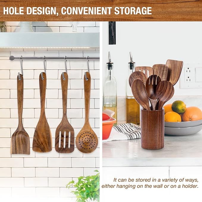 Teak Wood Cooking Utensils Set - 9-Piece Nonstick Safe Kitchen Utensils with Holder, Spoon Rest & 6 Metal Hooks, Natural Wooden Cookware for Nonstick Pans (Premium Durable Utensil Set