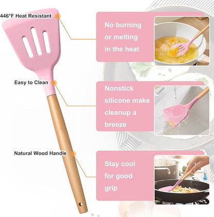 E-far Silicone Cooking Utensils Set, 5-Piece Kitchen Utensils Set with Wooden Handle for Cooking, Silicone Kitchen Nonstick Tools Spatula Turner Slotted Spoons, Nontoxic & Heat Resistant-Pink