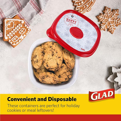 Glad GladWare Holiday Food Storage Containers with Reversible Gift Tags, Large Square BPA Free Plastic for Holiday Cookies and Gifting, Microwave Freezer Dishwasher Safe, 42 Oz, 3 Count
