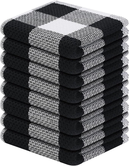 Homaxy 100% Cotton Waffle Weave Check Plaid Dish Cloths, 12 x 12 Inches, Super Soft and Absorbent Dish Towels Quick Drying Dish Rags, 8-Pack, White & Black