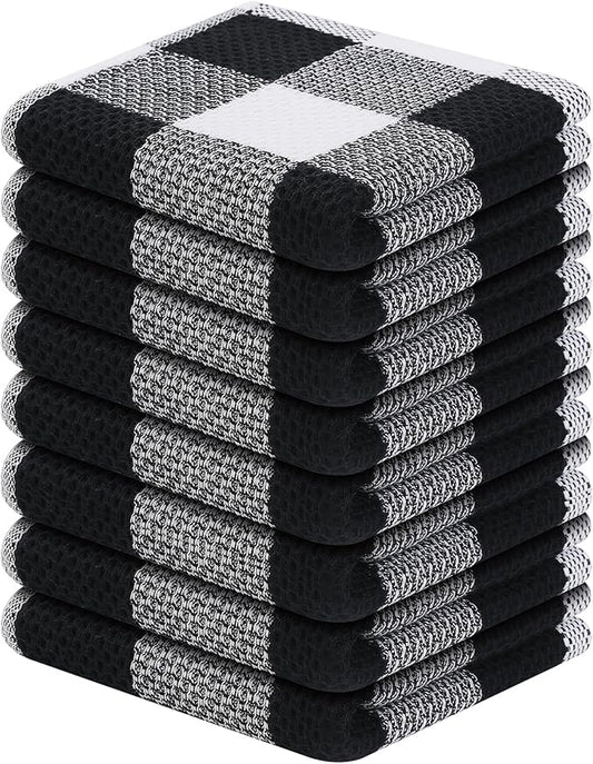 Homaxy 100% Cotton Waffle Weave Check Plaid Dish Cloths, 12 x 12 Inches, Super Soft and Absorbent Dish Towels Quick Drying Dish Rags, 8-Pack, White & Black