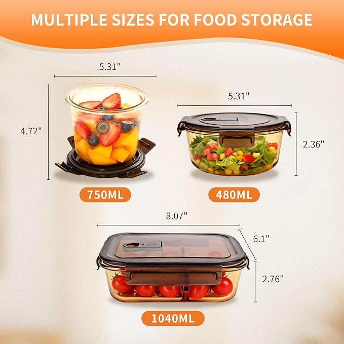 3-Piece Glass Food Storage Container Set, Microwave & Freezer Safe Lunch Containers for Kitchen Organization