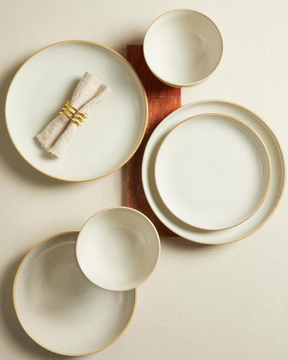 Pokini Plates and Bowls Sets for 8, 24 Piece Dinnerware Set for Large Families & Entertaining, Elegant Design, Dishwasher & Microwave Safe, Chip Resistant and Durable, Yellow White