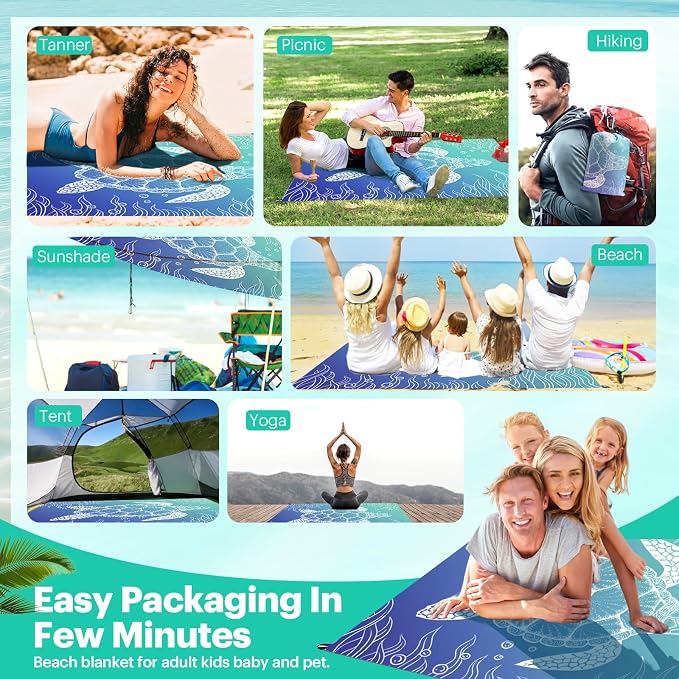 EASYFUN Beach Blanket Sandproof Oversized, 79''×83'' Extra Large Beach Mat, Portable Picnic Mat for Travel Camping Hiking, Lightweight Beach Essentials Family Water Resistant Mat