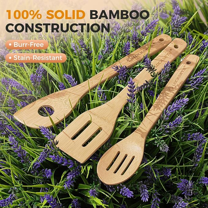 Wooden Spoons for Cooking Bamboo Utensils Set (6 Pieces) - Essential Tools Wooden Spoons & Spatula for Everyday Stirring, Mixing, Flipping & Serving, Gentle on Nonstick Cookware