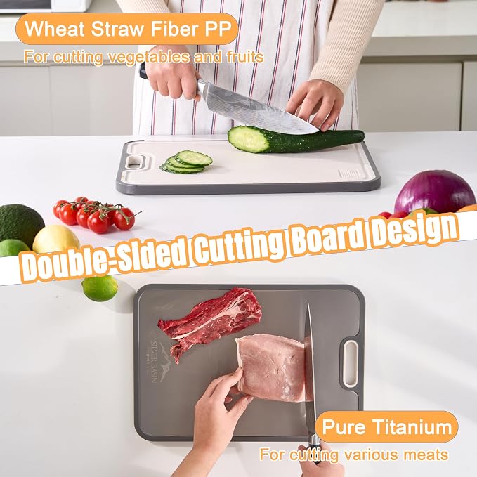 Dual-Sided Titanium Cutting Board with Wheat Straw PP Side for Kitchen, Medium Compact Non-Slip Chopping Board 15.2 x 10.5 inch