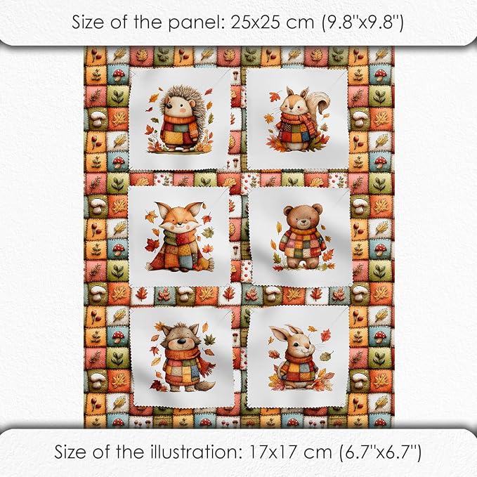 Autumn Animals Patchwork Cotton Fabric Panel – 6 Designs (10×10 inch Each) + Bonus Patchwork Sheet 29.5×19.6 inch, 100% Cotton 140 GSM