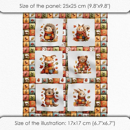 Autumn Animals Patchwork Cotton Fabric Panel – 6 Designs (10×10 inch Each) + Bonus Patchwork Sheet 29.5×19.6 inch, 100% Cotton 140 GSM