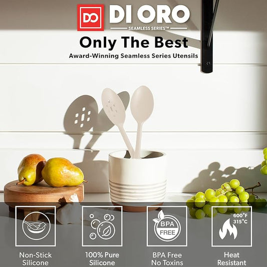 DI ORO Silicone Spoons for Cooking - Large Kitchen Spoons for Mixing, Serving, & Stirring - 600°F Heat-Resistant Non Stick Utensils – Big Solid & Slotted Basting Spoons - Dishwasher Safe (2pc, Clay)