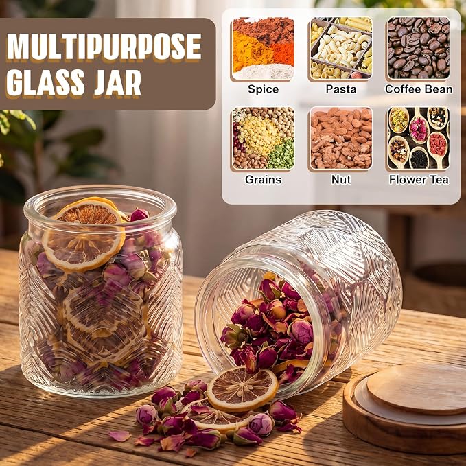 Suclain 6 Pcs 17 OZ Vintage Glass Jar with Acacia Wood Lids Airtight Glass Storage Canisters Kitchen Spice Jars Food Storage Containers for Pantry Coffee Grains Tea Sugar Flour(Leaf)