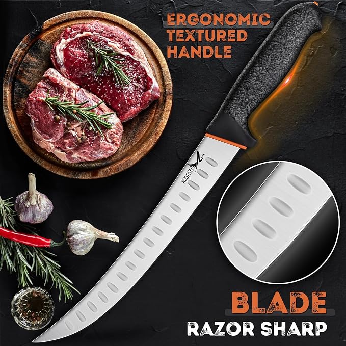 Golden Bird Butcher Knife Set - 4 Piece Professional BBQ Knife Set Include 6" Boning, 6" Skinning, 10" Butcher Breaking Knives & 8" Sharpener Rod, Gifts for Men Women