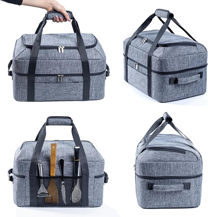 BAGSPRITE Double-Layer Slow Cooker Carrying Bag for 6-8 Quart CrockPot and Hamilton Beach Slow Cookers, Travel Bag with Lid Fastener for Crock-pot, Portable Carrier Case, Grey