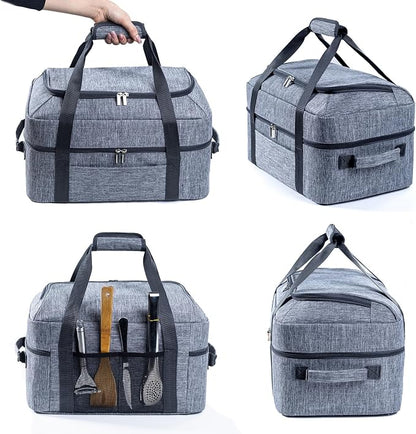 BAGSPRITE Double-Layer Slow Cooker Carrying Bag for 6-8 Quart CrockPot and Hamilton Beach Slow Cookers, Travel Bag with Lid Fastener for Crock-pot, Portable Carrier Case, Grey