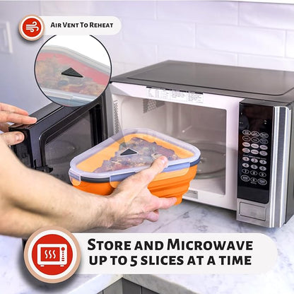 PIZZA PACK The Perfect Reusable Pizza Storage Container with 5 Microwavable Serving Trays - BPA-Free Adjustable Pizza Slice Container to Organize & Save Space, Orange 3 pk