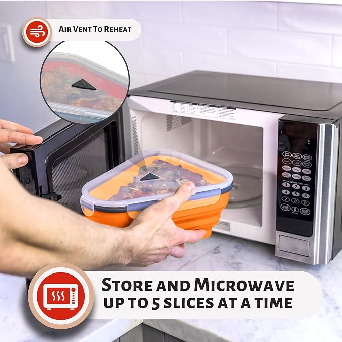 PIZZA PACK The Perfect Reusable Pizza Storage Container with 5 Microwavable Serving Trays - BPA-Free Adjustable Pizza Slice Container to Organize & Save Space, Orange