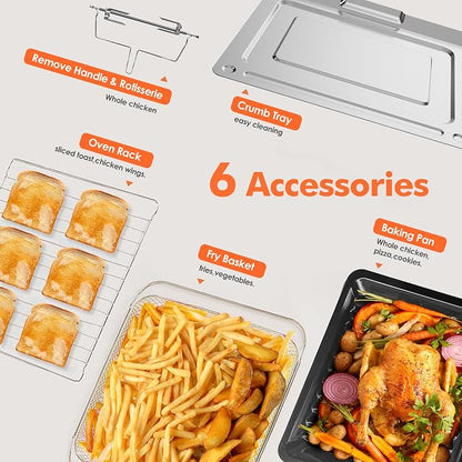 Kitchen in the box 32QT Extra Large Air Fryer Toaster Oven Combo, 21-in-1 Countertop Convection Toaster Oven with Rotisserie and Dehydrate, 6 Accessories, 1800W Dual Cook Preset (Silver)