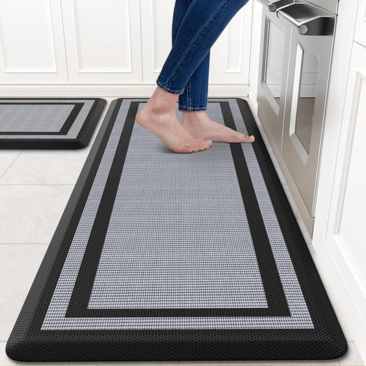 KitchenClouds [2 PCS] Kitchen Rugs Cushioned Anti-Fatigue Kitchen Mats for Floor Waterproof Kitchen Rug Set Non-Slip Comfort Standing Mat for Office, Sink, Laundry 20"×30"+20"×47",Black