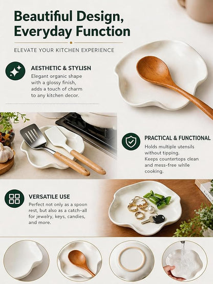 Miamolo Cute Spoon Rest for Stove Top, Ceramic Spoon Holder for Kitchen Counter, 5.3 Inches Coffee Spoon Holder Utensil Rest for Kitchen Gadget Cooking Gift Housewarming Wedding,Kitchen Decor, White