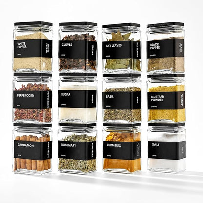 Glass Spice Jars with Bamboo Lid, 4oz Square Spice Containers for Pantry Organization, Seasoning Bottles with Labels, Spoons, Funnel for Salt Sugar