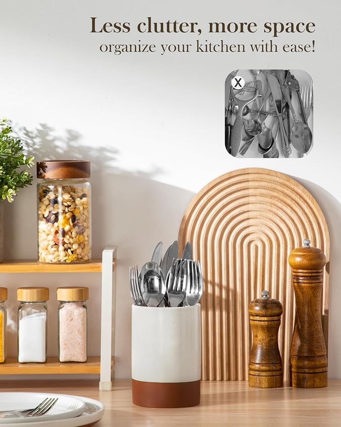 MALACASA Utensil Holder, 5.5" Ceramic Kitchen Utensil Holder for Countertop, Cooking Utensil Crock for Kitchen Counter, Farmhouse Utensil Organizer for Spatula & Spoon, Khaki White, Series TARA