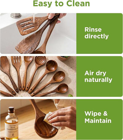 Wooden Utensil Set - 8 Pcs Teak Wooden Spoons for Cooking, Non Toxic, Heat Resistant, Durable & Safe for Kitchen Nonstick Cookware