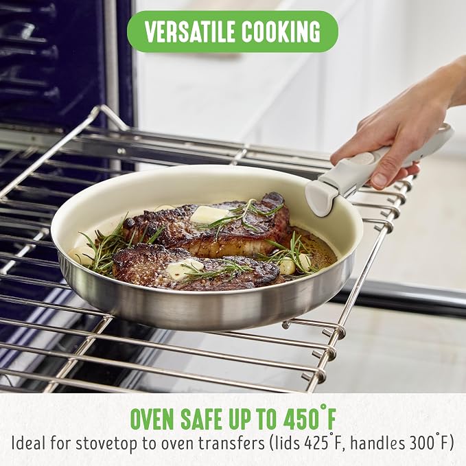 GreenLife Stainless Steel Nonstick 10 Piece Cookware Set, Detachable Handle, Induction Ready, Stackable Kitchen Set, Tri Ply Ceramic PFAS Free Pots & Pans, Space Saving, Oven Safe, Glass Lid, Silver