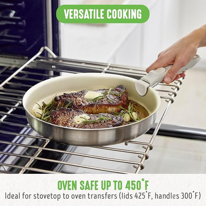 GreenLife Stainless Steel Nonstick 10 Piece Cookware Set, Detachable Handle, Induction Ready, Stackable Kitchen Set, Tri Ply Ceramic PFAS Free Pots & Pans, Space Saving, Oven Safe, Glass Lid, Silver