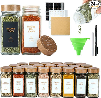 Spice Jars with Label，4oz Seasoning Containers, Glass Spice Bottles with Shaker Lids,Funnel, Chalk Pen (24)